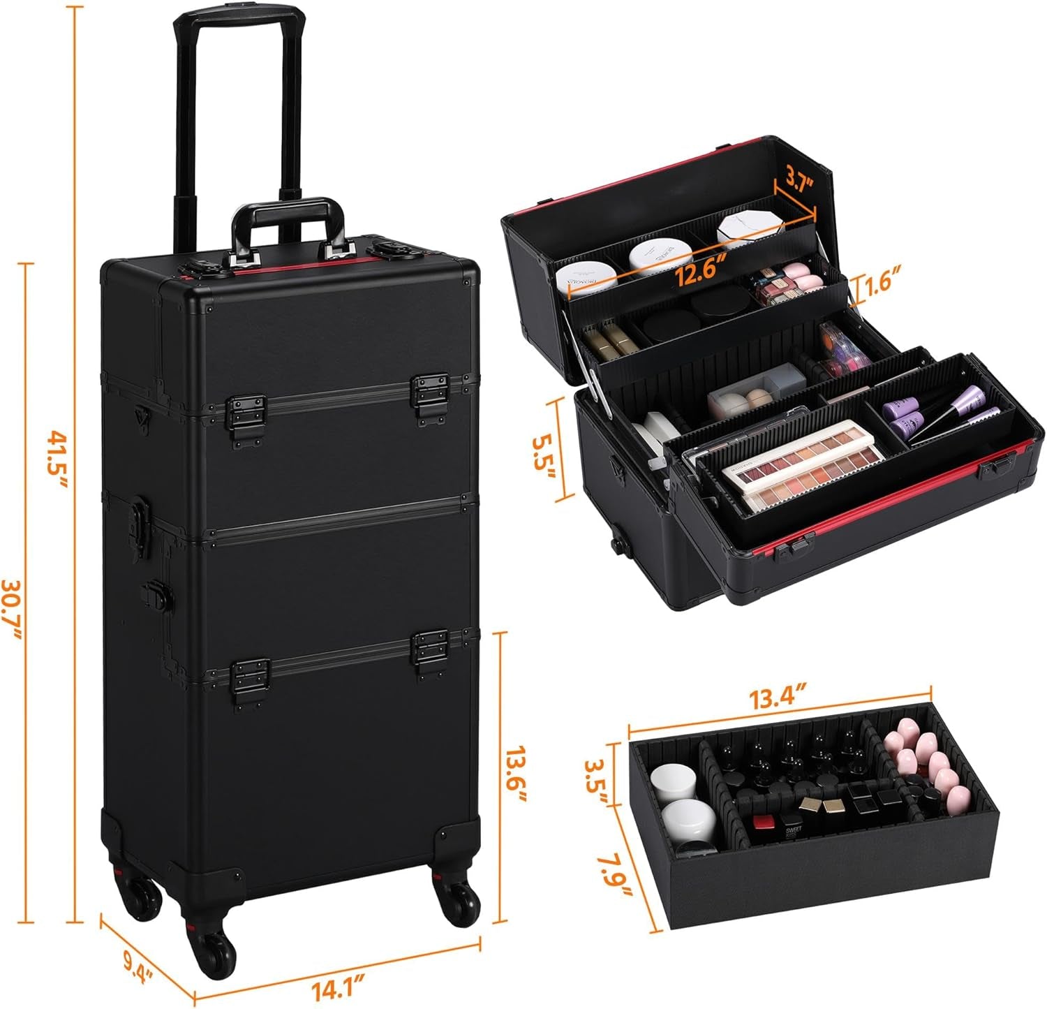 Makeup Train Case 3 in 1 Professional Cosmetic Trolley Multi-Functional Organizers Large Storage Traveling Cart Trunk for Nail Tech - Black