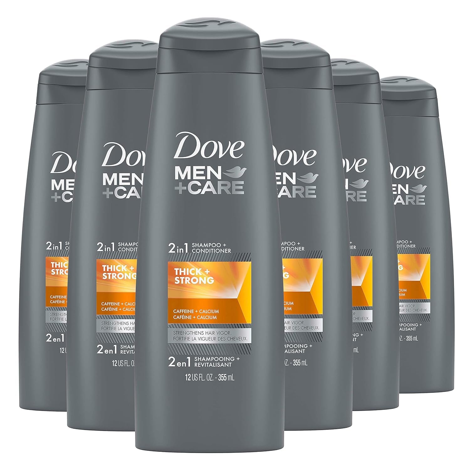 DOVE MEN + CARE Fortifying 2 in 1 Shampoo and Conditioner for Resilient and Thicker Hair Thick and Strong with Caffeine Helps Strengthen Thinning Hair 12 Oz, Pack of 6